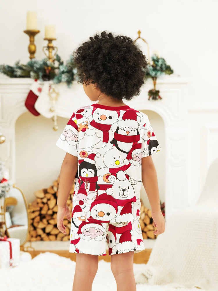 Ensemble pyjama assorti pour toute la famille, imprimé Père Noël et bonhomme de neige, haut à manches courtes et short, blanc