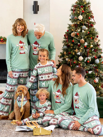 Ensemble pyjama de Noël assorti pour toute la famille, imprimé esprit de Noël et flocons de neige, avec chaussettes de Noël, vert pâle