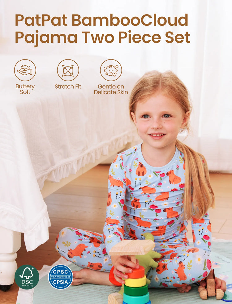 Pyjama de Noël/Halloween 2 pièces en bambou avec imprimé enfantin pour bébé/enfant (coupe ajustée) bleu