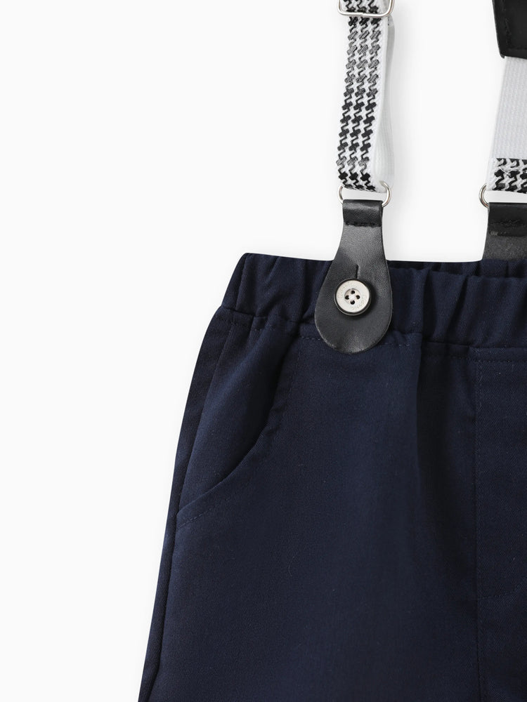 Conjunto de camisa con pajarita y pantalones cortos con tirantes para fiesta de bebé niño, azul oscuro