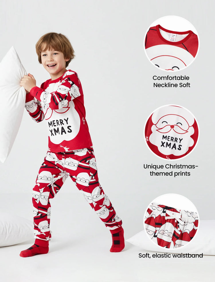 Pijama familiar navideño a juego con estampado gráfico de Papá Noel grande en la parte delantera y trasera, con bolsillos y cordón, color rojo 2