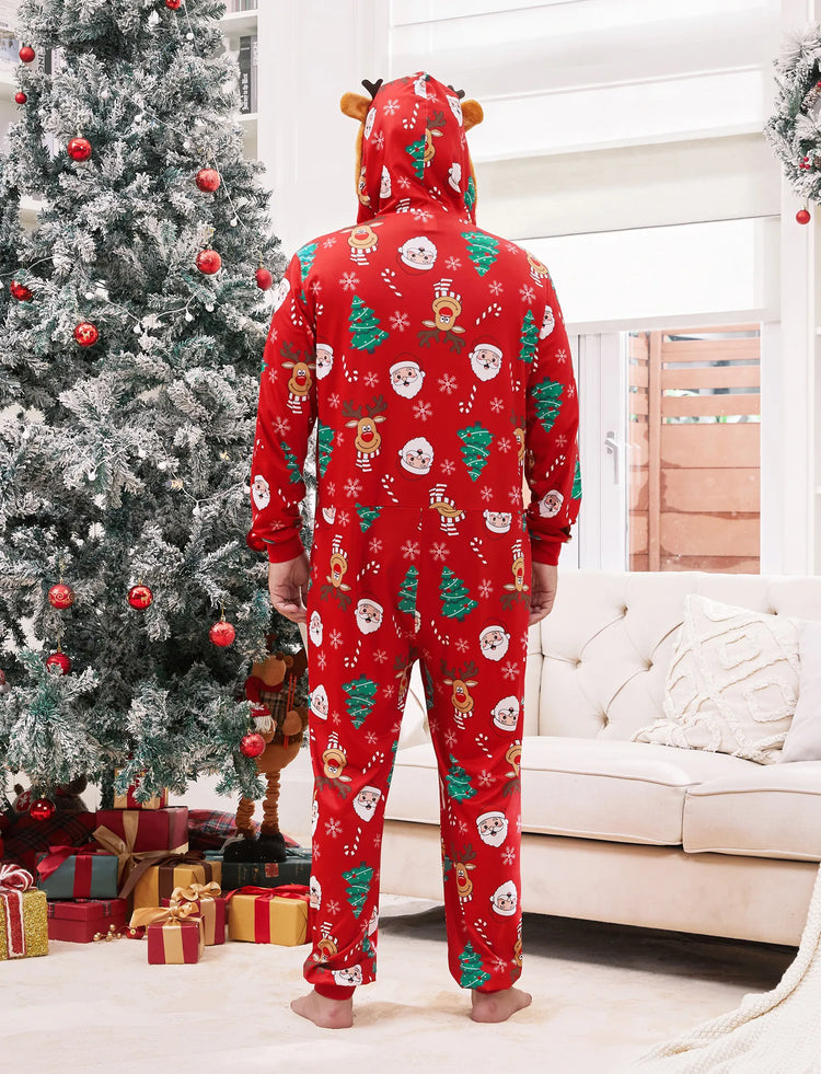 Christmas Family Pajamas Sets 3D Reindeer Hooded Allover Print Onesies Pajamas Red-2