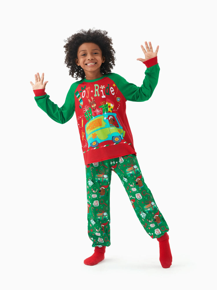 Scooby Doo Christmas Matching Family Pajamas Set Christmas Gift Car Pattern Long-sleeve Red and Green PJS with Christmas Socks Red