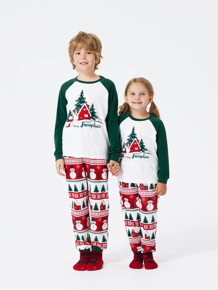 Christmas Matching Family Pajamas Set Snowman and Christmas Tree Print White PJS with Christmas Socks ( Defective Product) Dark Green