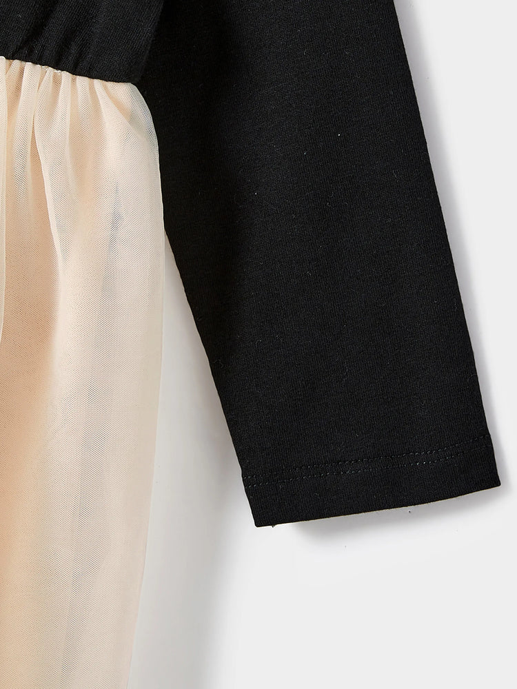 Family Matching Black-Almond Mesh Skirt and Classic Round Neck Long Sleeve Tops Sets Black