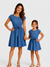 Mommy and Me Family Matching Soft Casual Outfit with Below Knee Dresses, Front Buttons, Belted Design Blue