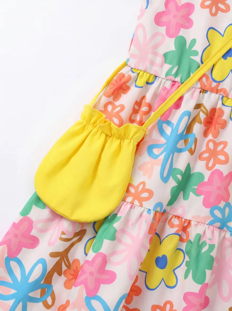 Fresh Market Toddler Girl Graffiti Floral Tiered Dress with Bag Blue+Yellow