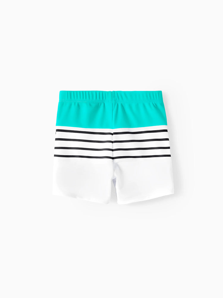 Family Matching Striped Spliced Cut Out One-piece Swimsuit and Colorblock Swim Trunks Green/White