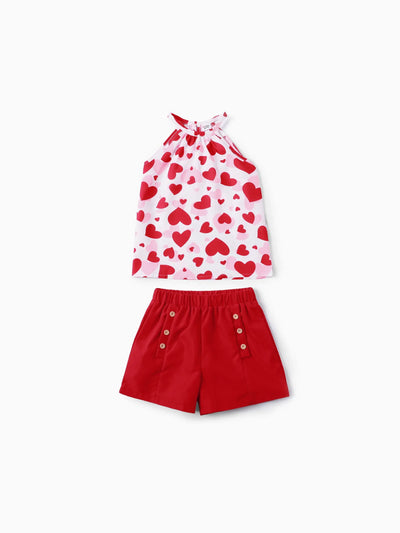 Ensemble 2 pièces pour fille, manches ouvertes en forme de cœur, motif Saint-Valentin, rouge