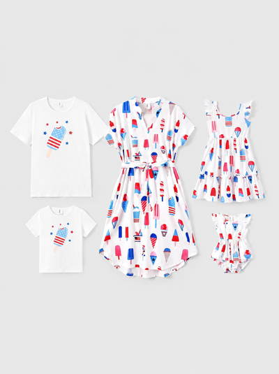 Unabhängigkeitstag Familienpassendes patriotisches Eiscreme-Print Sommer Baumwoll-T-Shirt & V-Ausschnitt Kleider Weiß