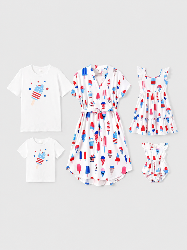 T-shirt en coton d'été et robes à col en V assortis famille pour le Jour de l'Indépendance avec imprimé patriotique de crème glacée Blanc