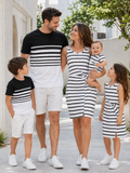 Family Matching Cotton Set Black and White Stripe T-shirt or Strap Bodycon Dress Black+White