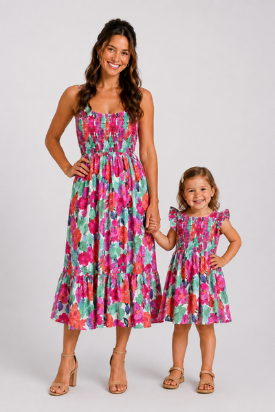 Vestidos de algodón a juego para mamá y yo Vestidos fruncidos con estampado floral y tirantes con volantes para salidas familiares y fotos de verano Multicolor