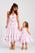 Mommy and Me Family Matching Outfits Set Solid Color Short-sleeve Polo Collar Shirt or Flower Print Hollow out Dress  Pink