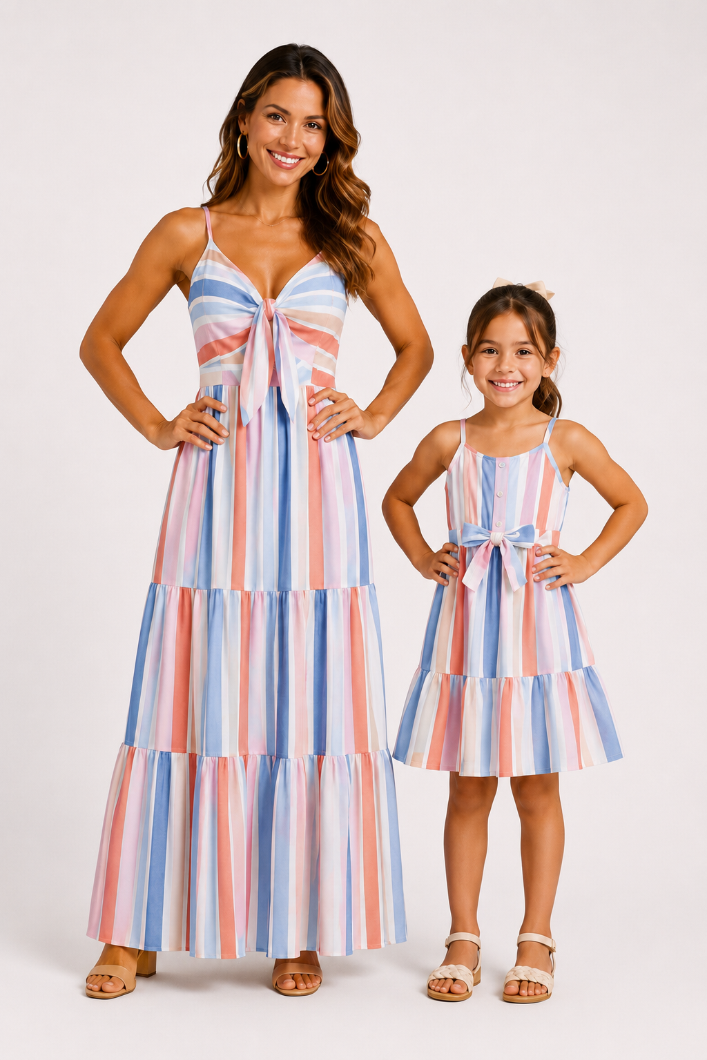 Mommy and Me Family Matching Blue Short-sleeve Tee or Colorful Stripe Camisole Dress Multi-color, Multi-color / Girl / 2Y