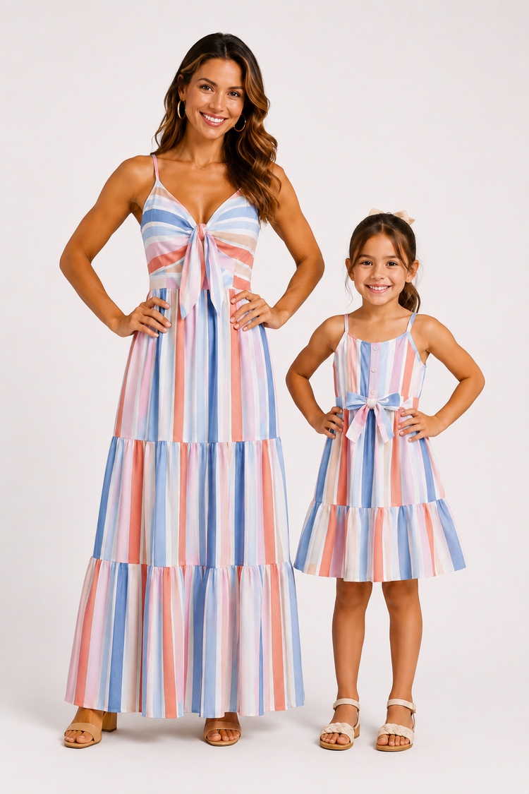 Mommy and Me Family Matching Blue Short-sleeve Tee or Colorful Stripe Camisole Dress Multi-color