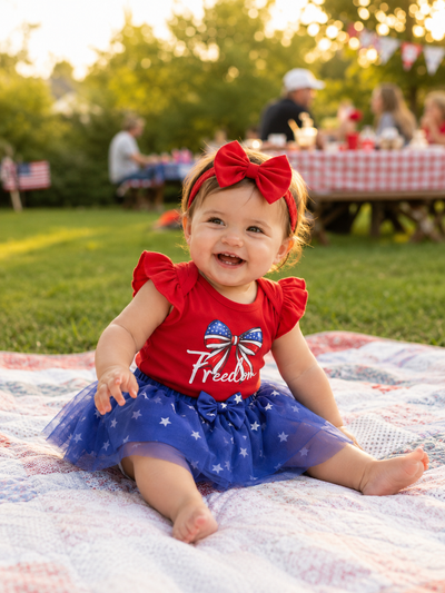 Independence Day Baby Girl 2pcs Patriotic Flutter Sleeve Bodysuit and Tulle Skirt Set with Headband Red