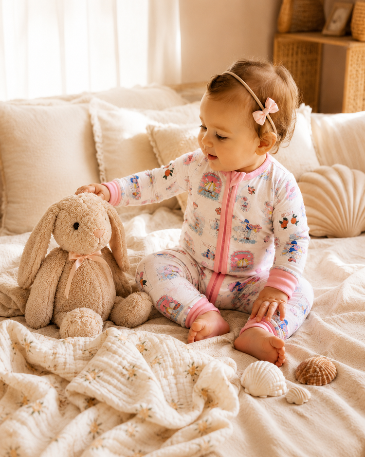Pijama sin pies ajustado con cremallera y mezcla de dibujos animados neutral de bambú para bebé Rosa púrpura