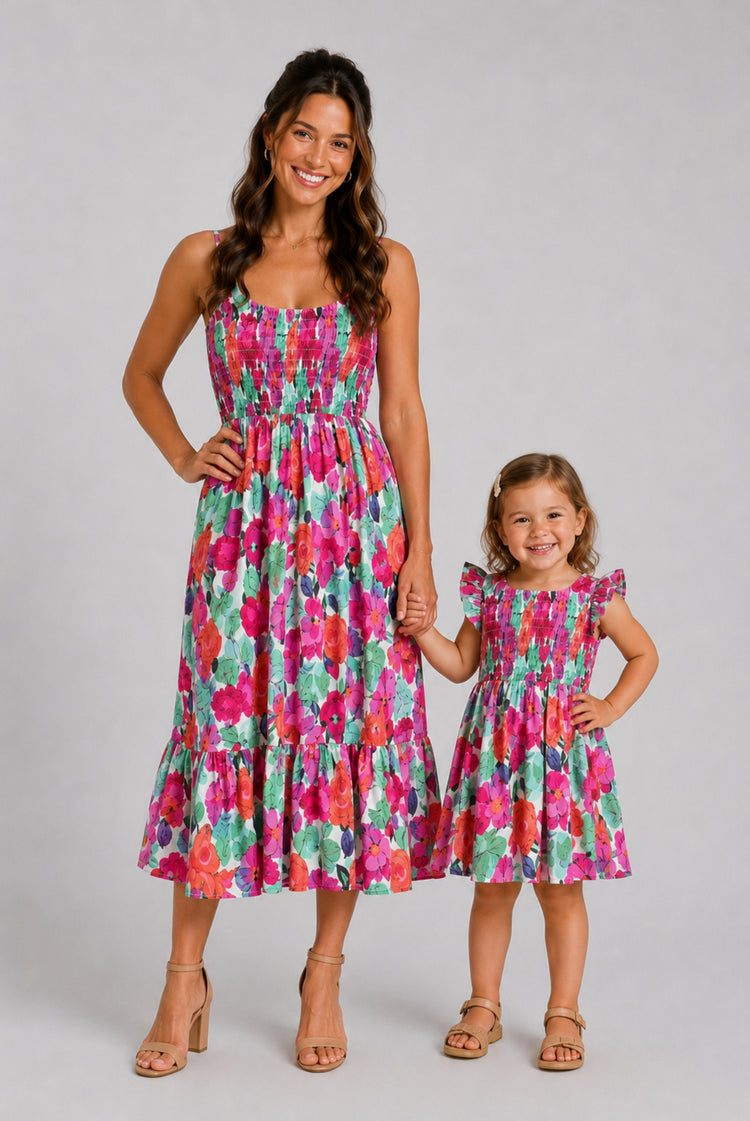 Mom & Me Matching Cotton Vacation Dresses Floral Smocked Dresses with Ruffle Straps for Summer Family Outings & Photos Multi-color