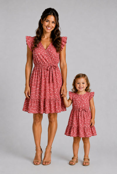 All Over Dots Pink Cross Wrap V Neck Ruffle Flutter-sleeve Dress for Mom and Me PinkyWhite