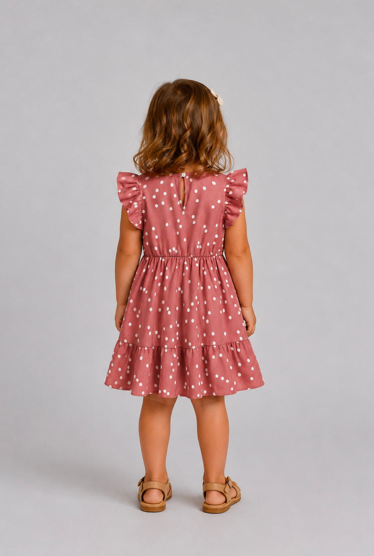 All Over Dots Pink Cross Wrap V Neck Ruffle Flutter-sleeve Dress for Mom and Me PinkyWhite
