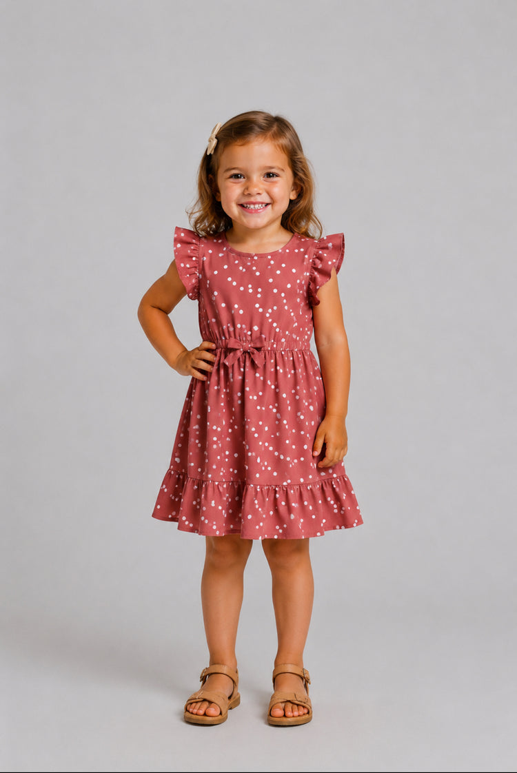 All Over Dots Pink Cross Wrap V Neck Ruffle Flutter-sleeve Dress for Mom and Me PinkyWhite