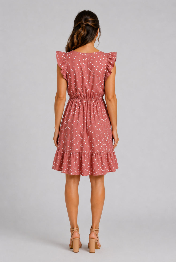 All Over Dots Pink Cross Wrap V Neck Ruffle Flutter-sleeve Dress for Mom and Me PinkyWhite