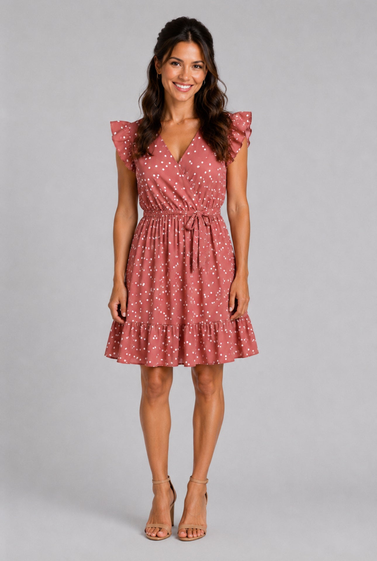 pink wrap over dress All Over Dots Pink Cross Wrap V Neck Ruffle Flutter-sleeve Dress for Mom and Me PinkyWhite