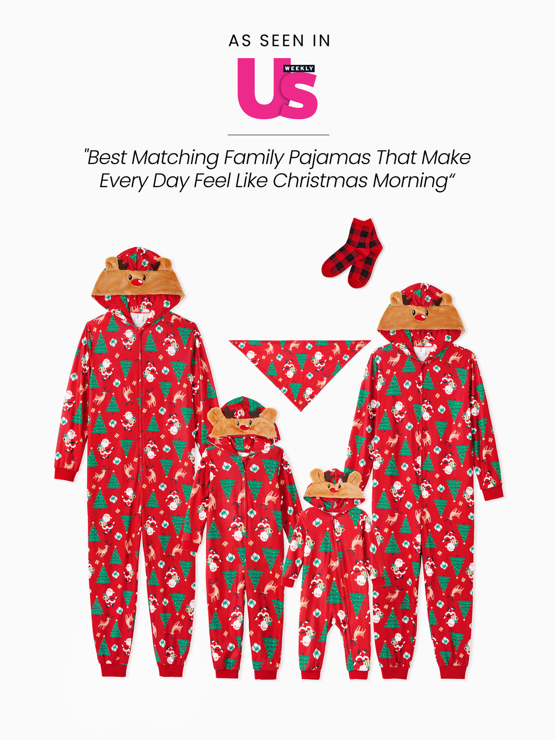 Christmas Family Pajamas Sets 3D Reindeer Hooded Allover Print Onesies with Christmas Socks Red-2