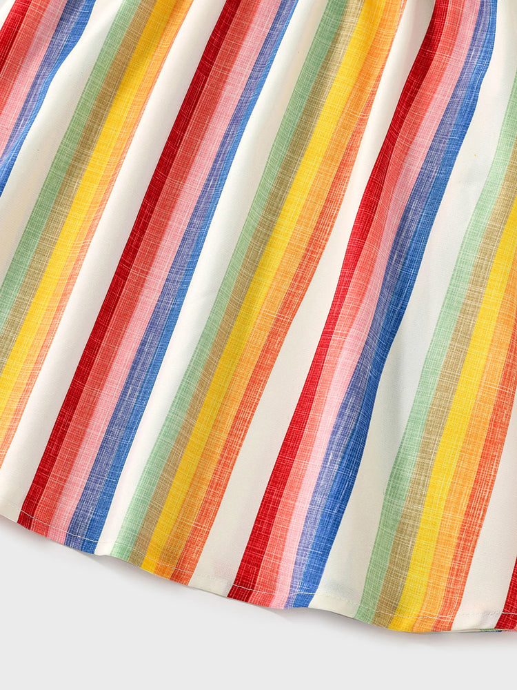 Family Matching Colorful Striped V Neck Flutter-sleeve Dresses and Short-sleeve T-shirts Sets COLOREDSTRIPES