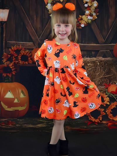 Toddler Girl Halloween Ghost Print Long-sleeve Dress Orange