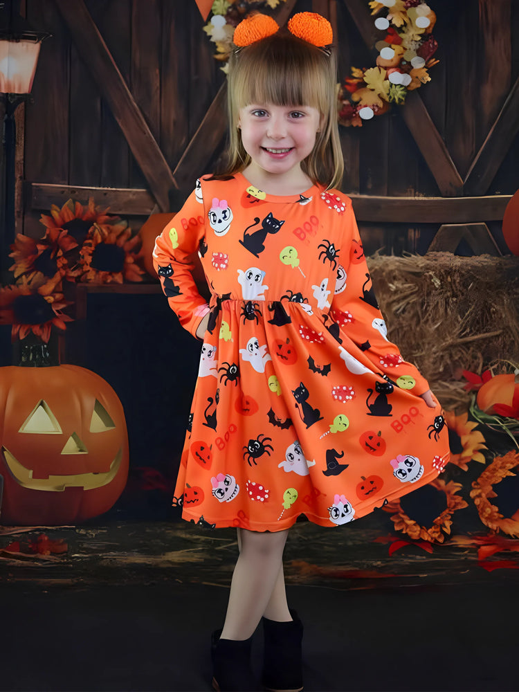 Robe à manches longues orange à imprimé fantôme d'Halloween pour petite fille