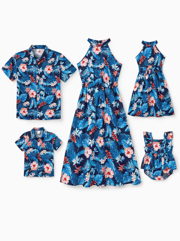 Mommy & me Vacation Set Tropical Floral Print Shirt or Halter Dresses for Dad, Mom, Kids & Baby, Perfect for Summer Holidays & Family Photos Deep Blue