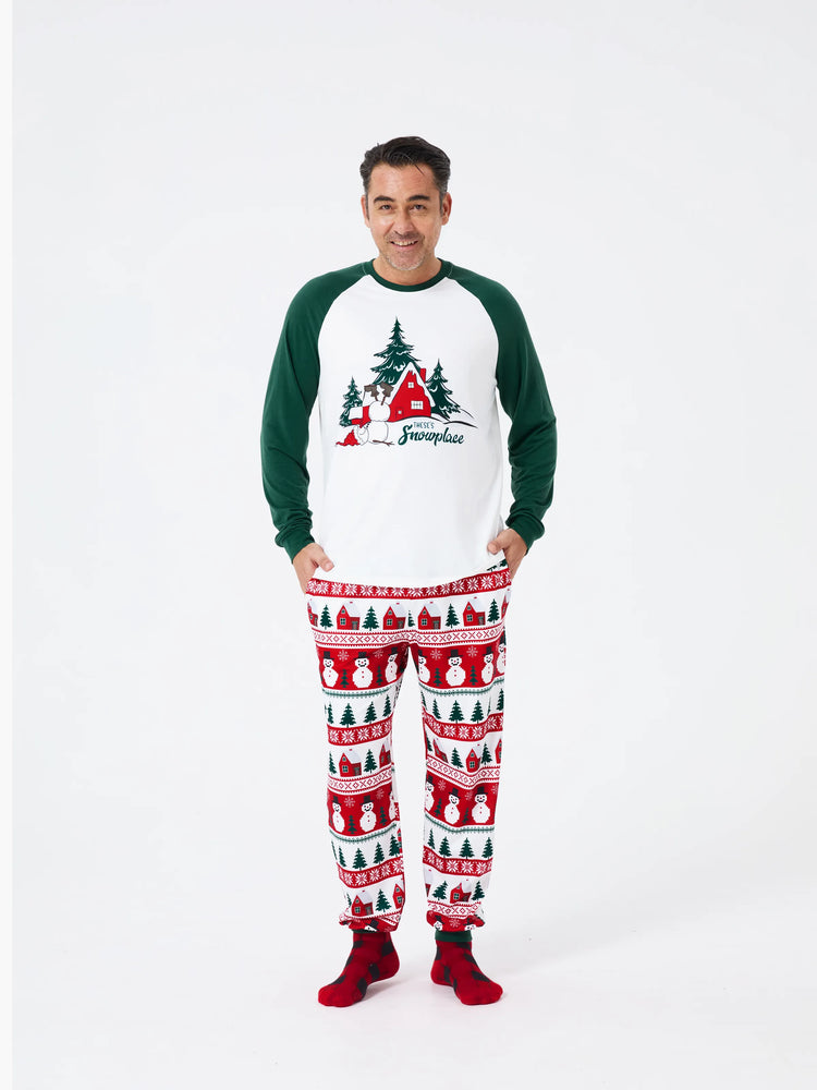 Christmas Matching Family Pajamas Set Snowman and Christmas Tree Print White PJS with Christmas Socks ( Defective Product) Dark Green