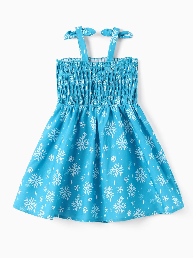 Robe à smocks et nœud papillon pour petite fille Disney La Reine des Neiges, motif flocon de neige Elsa, bleu ciel