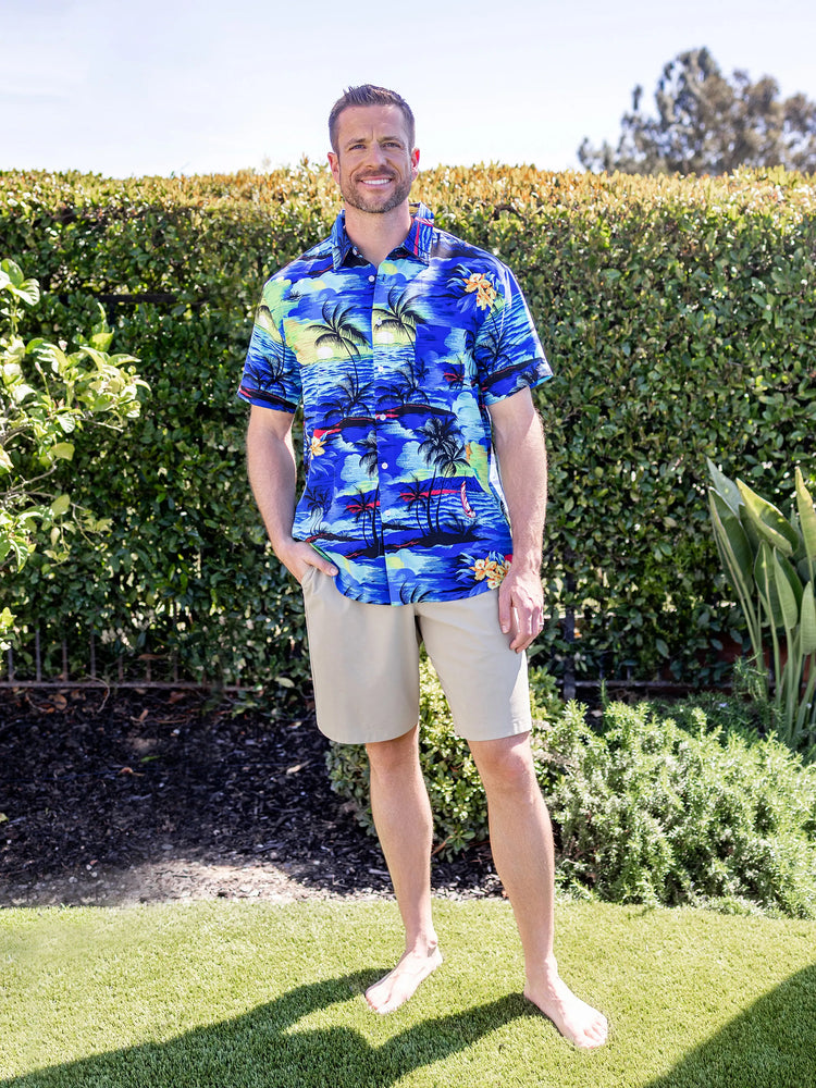 Tenues hawaïennes familiales assorties, chemise/robe à imprimé palmier bleu tropical, ensemble de tenues coordonnées pour les vacances à la plage d'été, bleu