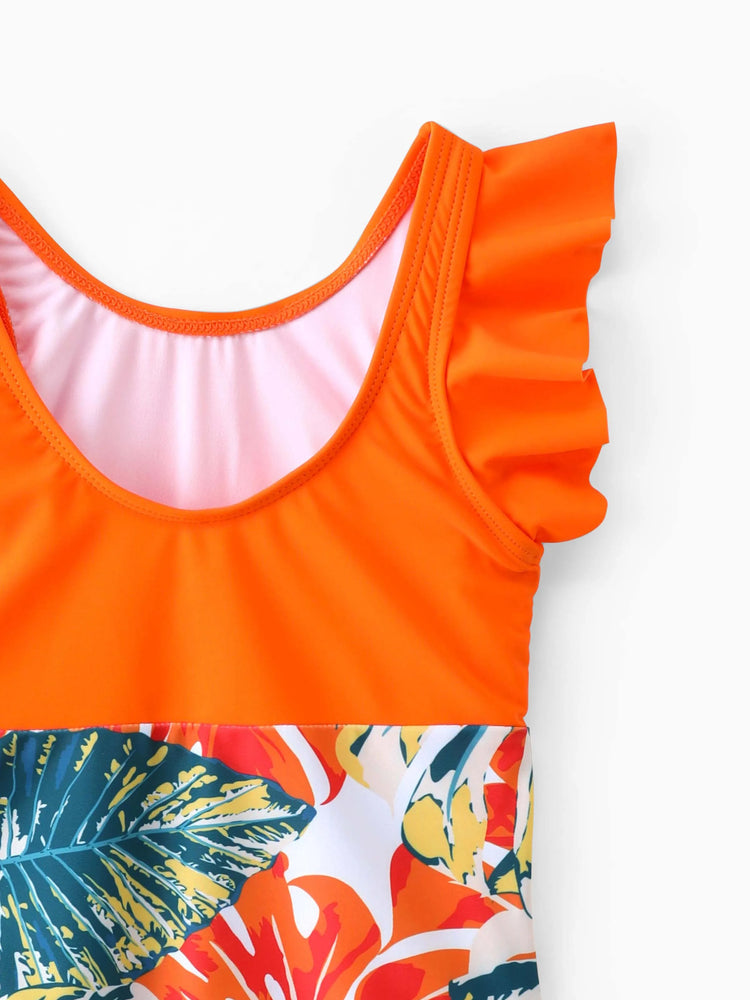 Family Matching Orange and All Over Tropical Plant Print Splicing Ruffle One-Piece Swimsuit and Swim Trunks Shorts Orange color