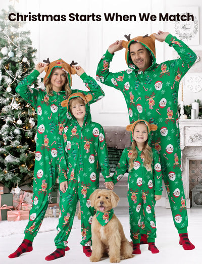 Green Christmas Family Pajamas Sets 3D Reindeer Hooded Allover Print Onesies Green