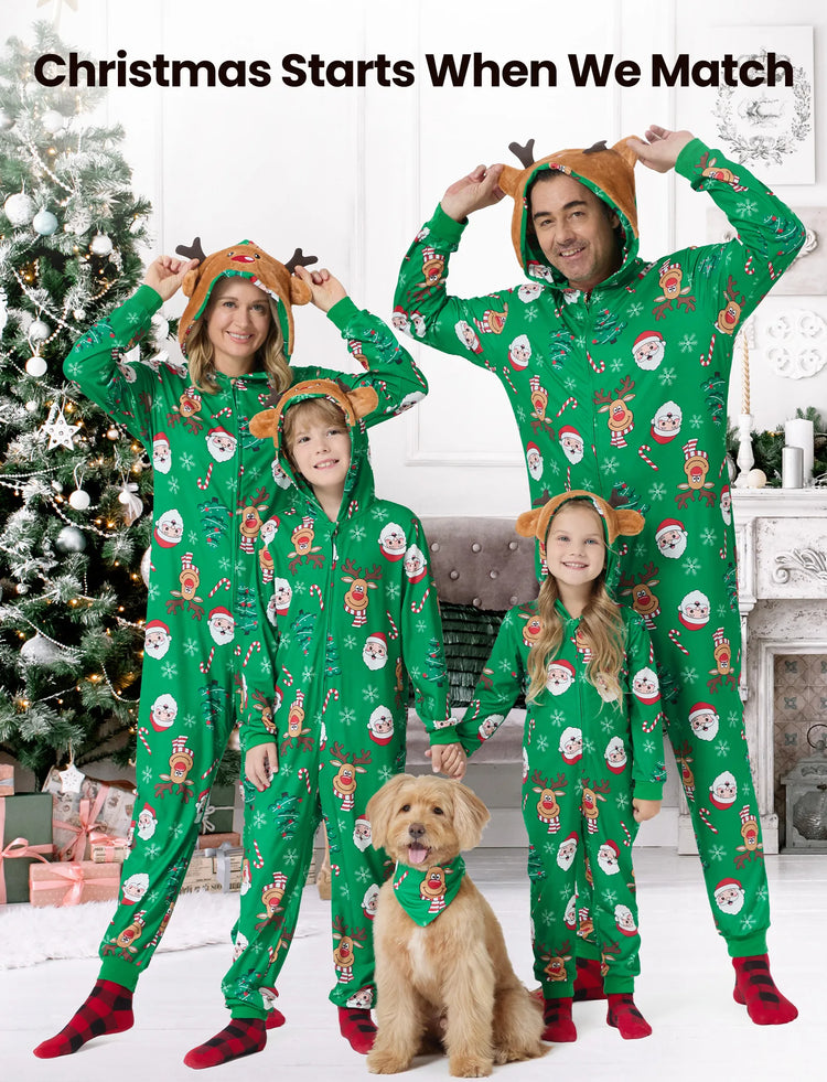 Green Christmas Family Pajamas Sets 3D Reindeer Hooded Allover Print Onesies Green