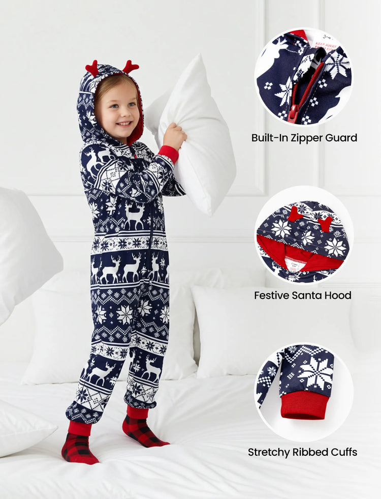Christmas Matching Family Pajamas Set 3D Reindeer Hooded Allover Snowflake and Reindeer Print Dark Blue Onesie PJS with Christmas Socks blueblack