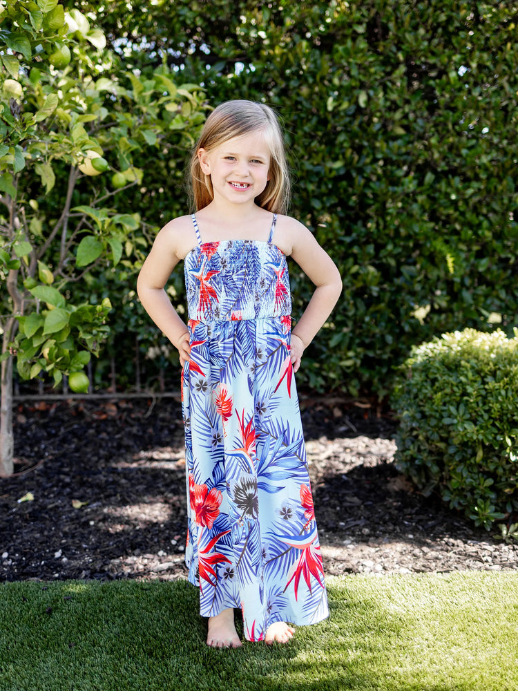 Family Matching Floral Print Short-sleeve Shirt or smocking Strap Dress Light Blue