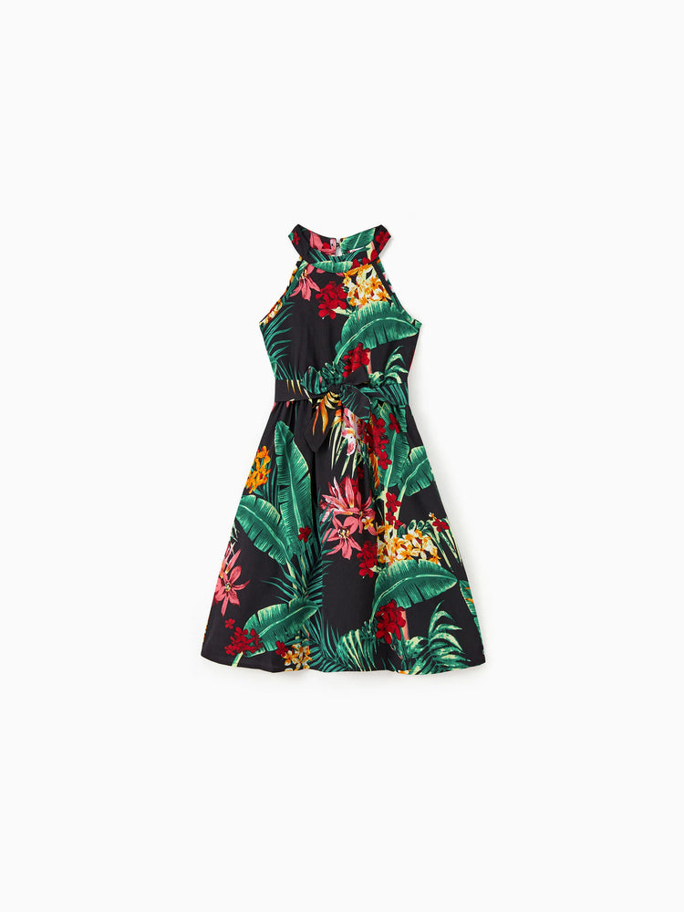 Ensembles assortis pour toute la famille : robes dos nu à imprimé floral et chemises à manches courtes, noir