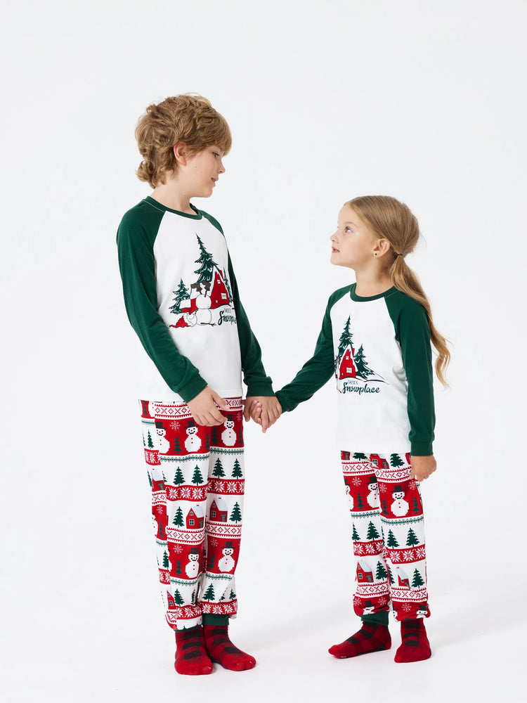 Christmas Matching Family Pajamas Set Snowman and Christmas Tree Print White PJS with Christmas Socks ( Defective Product) Dark Green
