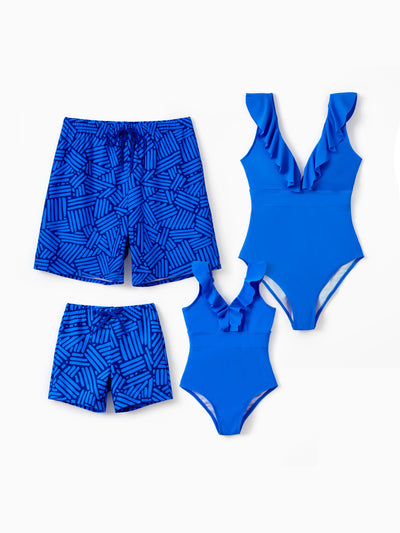 Family Matching Blue Ruffle One-piece Swimsuit or Swim Trunks Blue