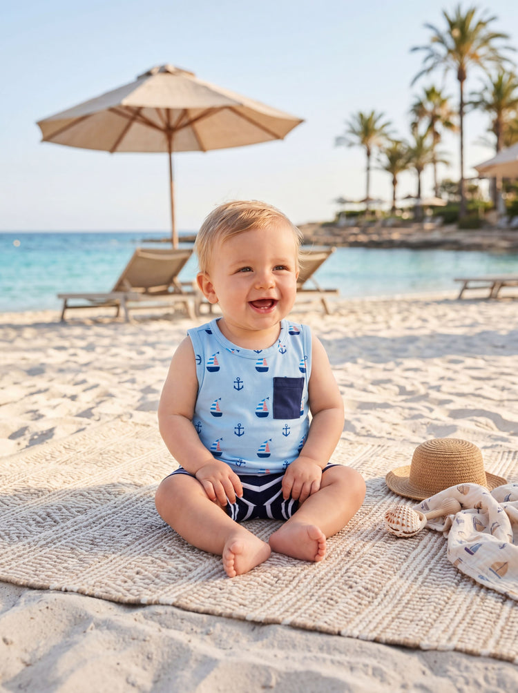 Ocean Vibes Baby Boy Sailboat Print Shorts Set Dark Blue