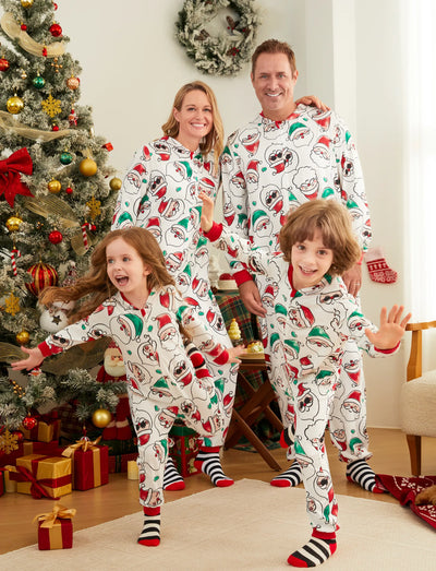 Christmas Matching Family Pajamas Set Santa Claus Allover Print Hooded Onesie PJS with Christmas Socks ColorBlock