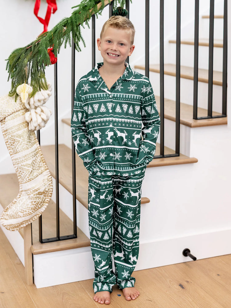 Christmas Matching Family Pajamas Set Allover Reindeer and Snowflake Print Long-sleeve Collared PJS with Christmas Socks Dark Green