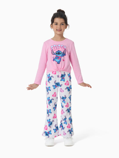 Ensemble 2 pièces Disney Stitch pour petite fille avec haut à manches longues noué sur le devant et pantalon évasé à motifs, rose