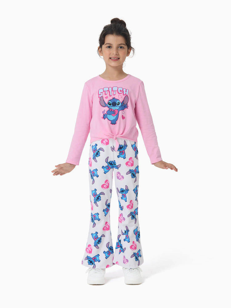 Disney Stitch Toddler/Kids Girl Stitch 2pcs Tie Front Longsleeves Top and Pattern Flared Pant Set Pink