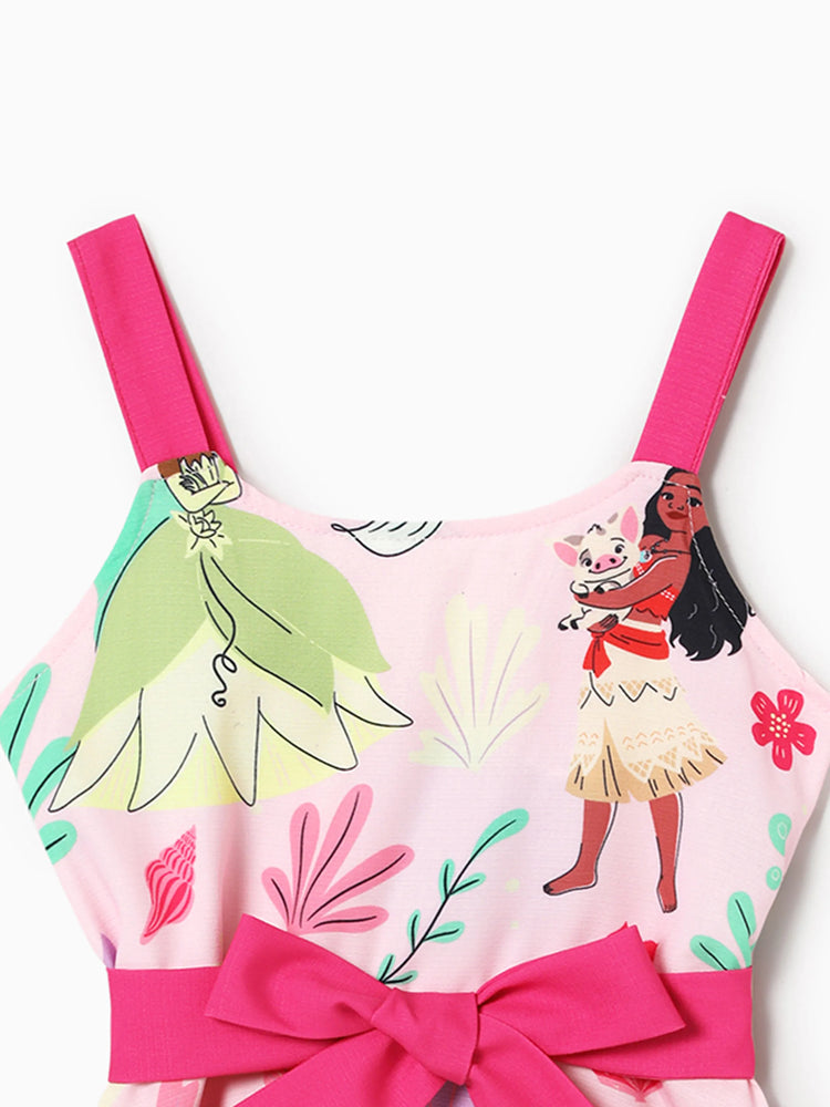 Disney Princess Mommy and Me Moana/Tiana Character and Floral Allover Print Dress Pink